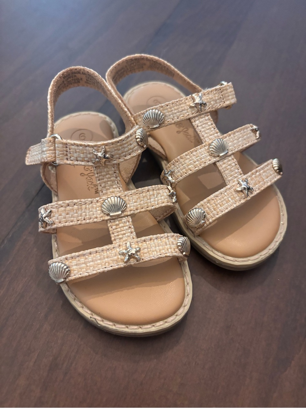 Cat & Jack Tan & Gold Woven T-Strap Sandals with Shell Charms